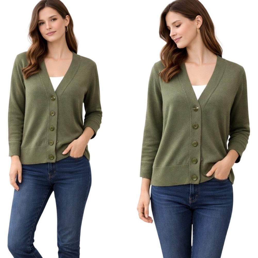 J. Crew Women's V Neck Button Front Long Sleeve Knitted Cardigan Green Sz Medium